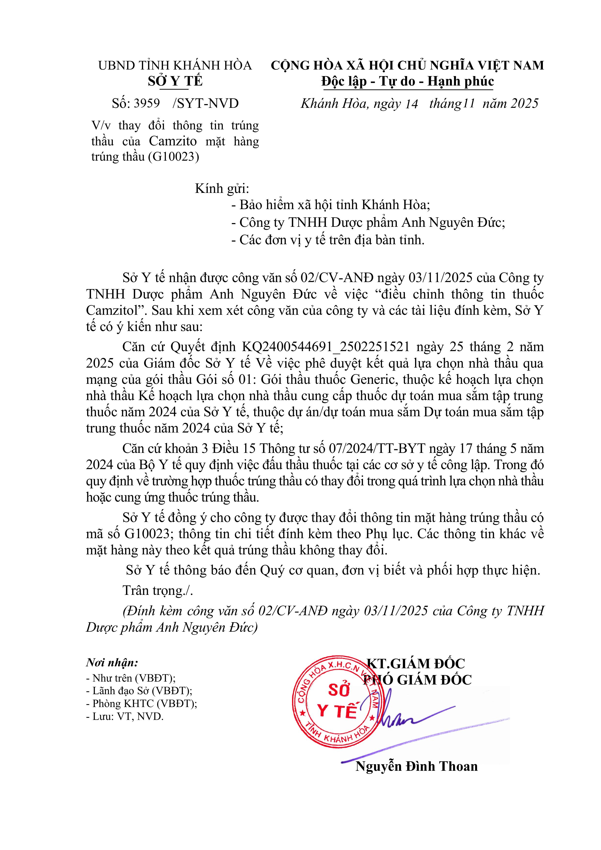 V/v thay đổi thông tin trúng thầu của Camzito mặt hàng trúng thầu (G10023)